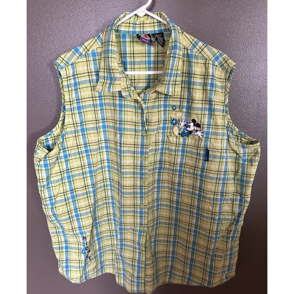 Vintage Mickey Unlimited Disney Button Front Tank Top Size 22/24 Green Plaid